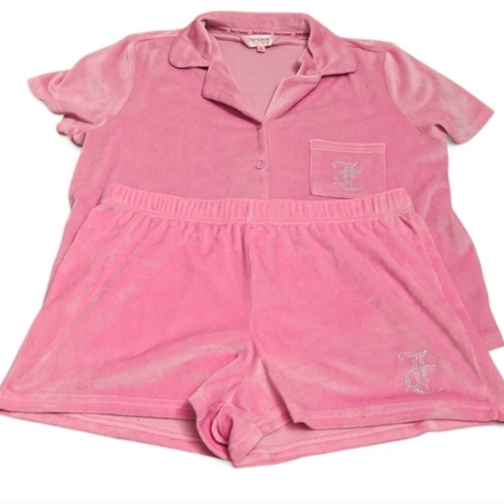 Juicy Couture Pink Velour Pajama Set Size Large 2-Piece Button Front Top & Short - Picture 8 of 8